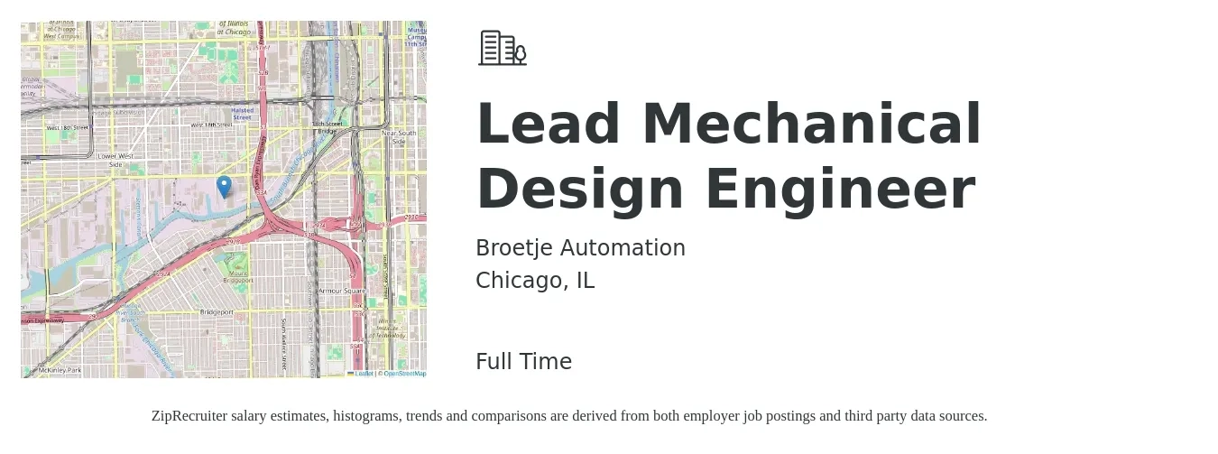 Broetje Automation job posting for a Lead Mechanical Design Engineer in Chicago, IL with a salary of $78,300 to $106,100 Yearly with a map of Chicago location.