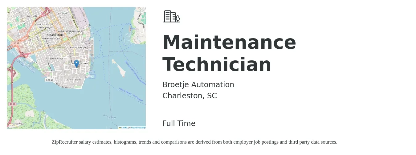 Broetje Automation job posting for a Maintenance Technician in Charleston, SC with a salary of $18 to $25 Hourly with a map of Charleston location.