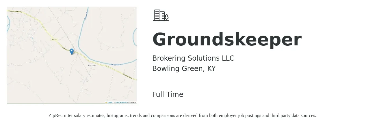 Brokering Solutions LLC job posting for a Groundskeeper in Bowling Green, KY with a salary of $15 to $19 Hourly with a map of Bowling Green location.