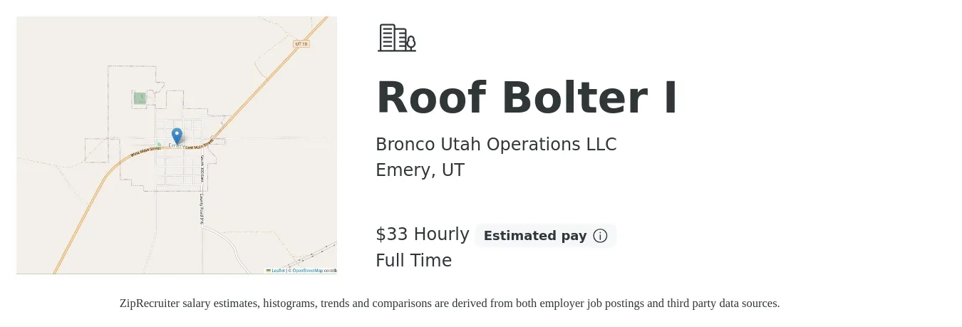 Bronco Utah Operations LLC job posting for a Roof Bolter I in Emery, UT with a salary of $35 Hourly with a map of Emery location.