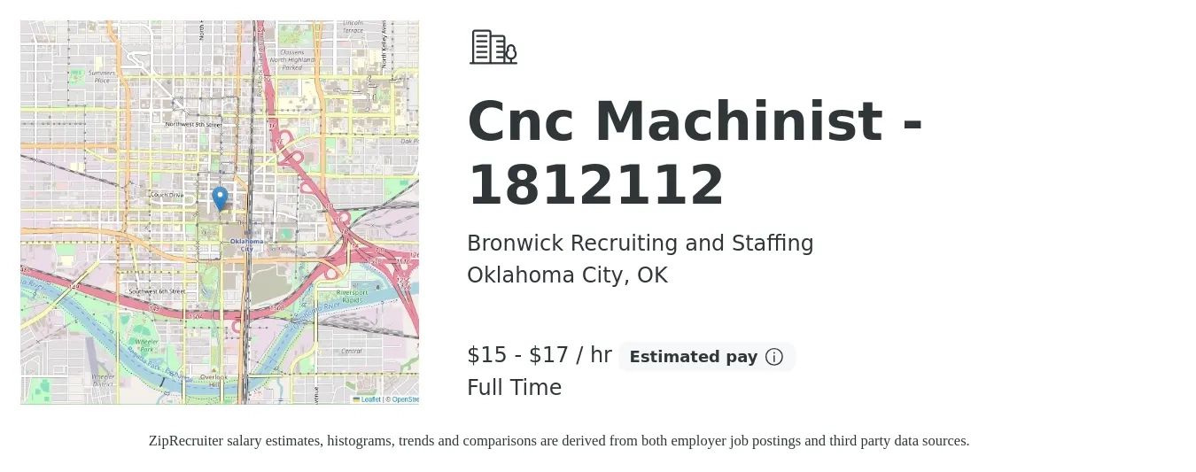 Bronwick Recruiting and Staffing job posting for a Cnc Machinist - 1812112 in Oklahoma City, OK with a salary of $16 to $18 Hourly with a map of Oklahoma City location.