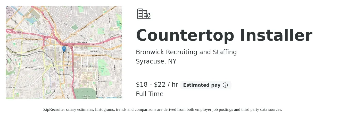 Bronwick Recruiting and Staffing job posting for a Countertop Installer in Syracuse, NY with a salary of $19 to $23 Hourly with a map of Syracuse location.