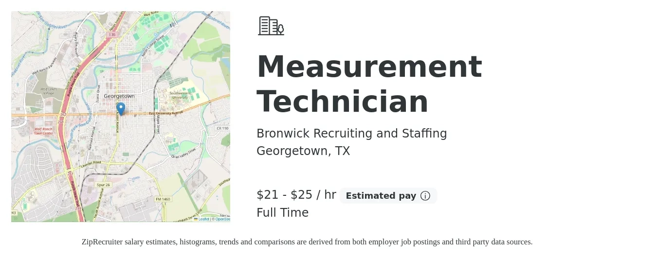 Bronwick Recruiting and Staffing job posting for a Measurement Technician in Georgetown, TX with a salary of $22 to $26 Hourly with a map of Georgetown location.
