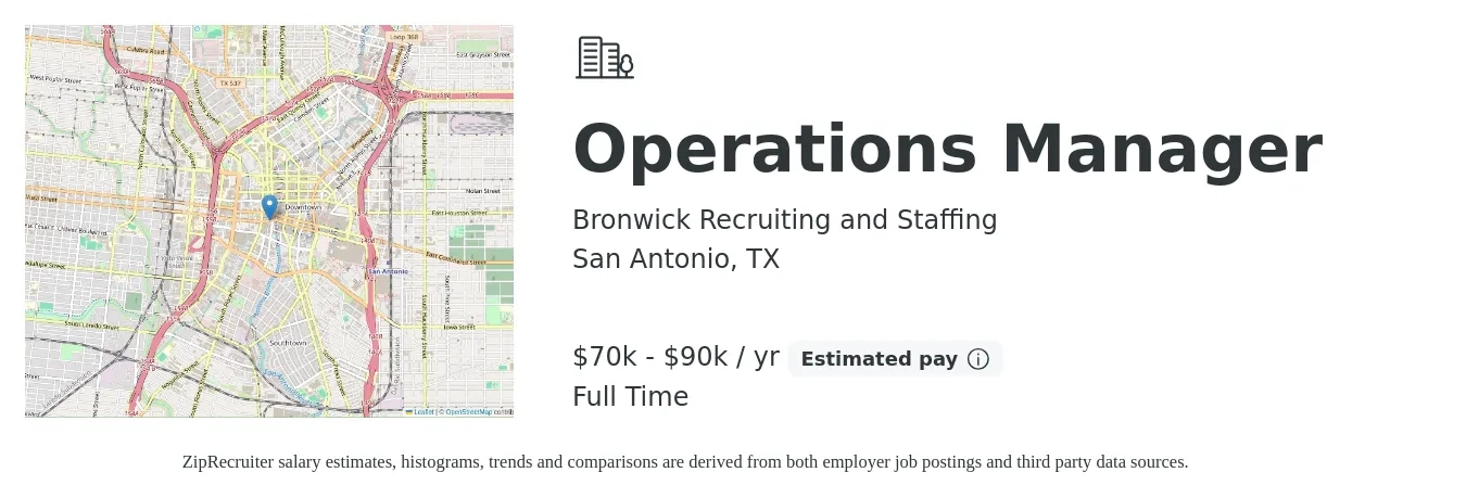 Bronwick Recruiting and Staffing job posting for a Operations Manager in San Antonio, TX with a salary of $70,000 to $90,000 Yearly with a map of San Antonio location.