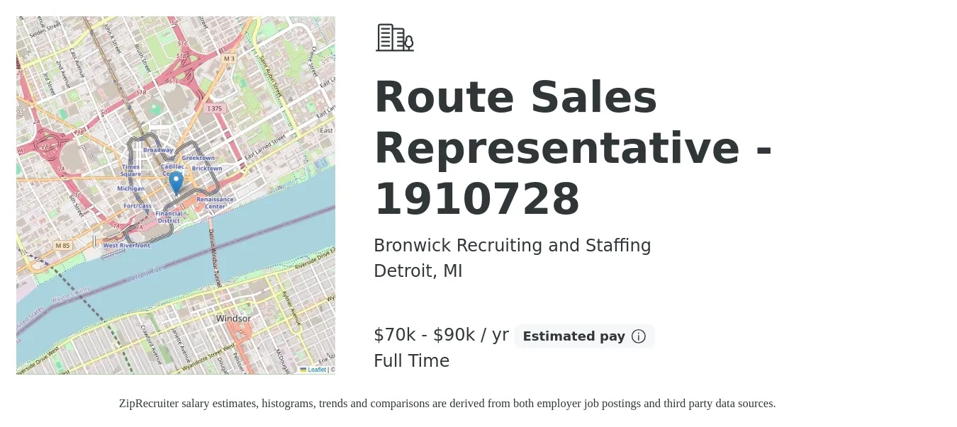 Bronwick Recruiting and Staffing job posting for a Route Sales Representative - 1910728 in Detroit, MI with a salary of $70,000 to $90,000 Yearly with a map of Detroit location.
