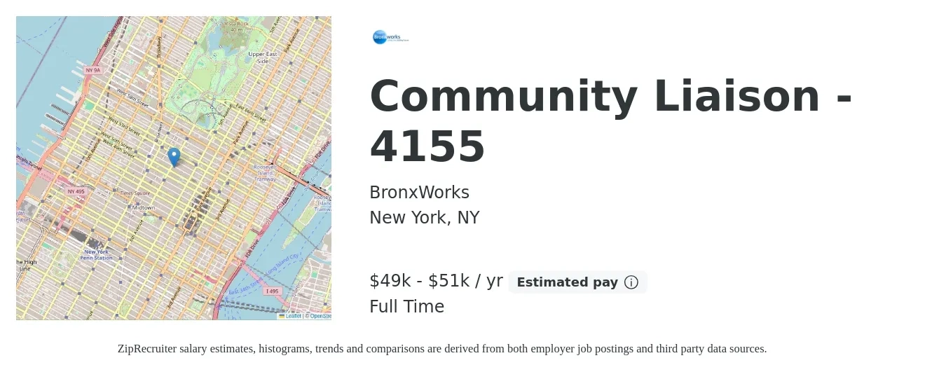BronxWorks job posting for a Community Liaison - 4155 in New York, NY with a salary of $49,000 to $51,000 Yearly with a map of New York location.