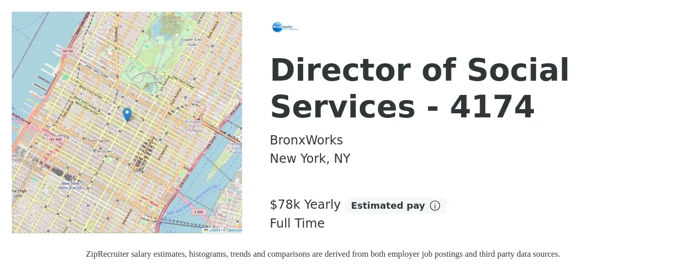 BronxWorks job posting for a Director of Social Services - 4174 in New York, NY with a salary of $78,878 Yearly with a map of New York location.