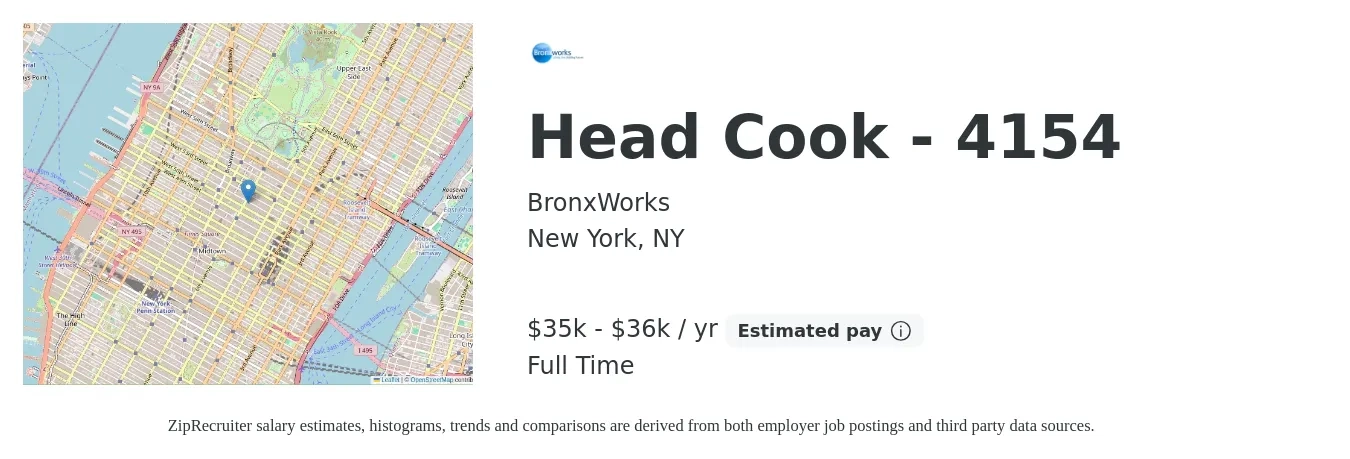 BronxWorks job posting for a Head Cook - 4154 in New York, NY with a salary of $35,000 to $36,000 Yearly with a map of New York location.