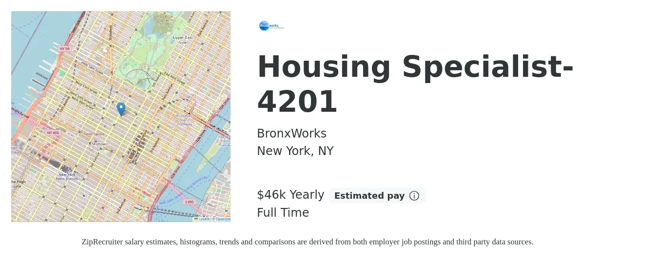 BronxWorks job posting for a Housing Specialist- 4201 in New York, NY with a salary of $46,773 Yearly with a map of New York location.