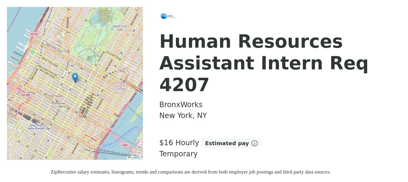 BronxWorks job posting for a Human Resources Assistant Intern Req 4207 in New York, NY with a salary of $17 Hourly with a map of New York location.