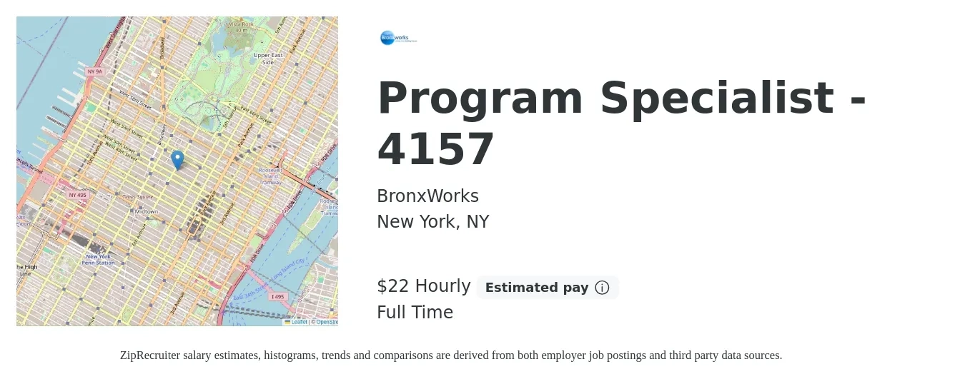 BronxWorks job posting for a Program Specialist - 4157 in New York, NY with a salary of $23 Hourly with a map of New York location.