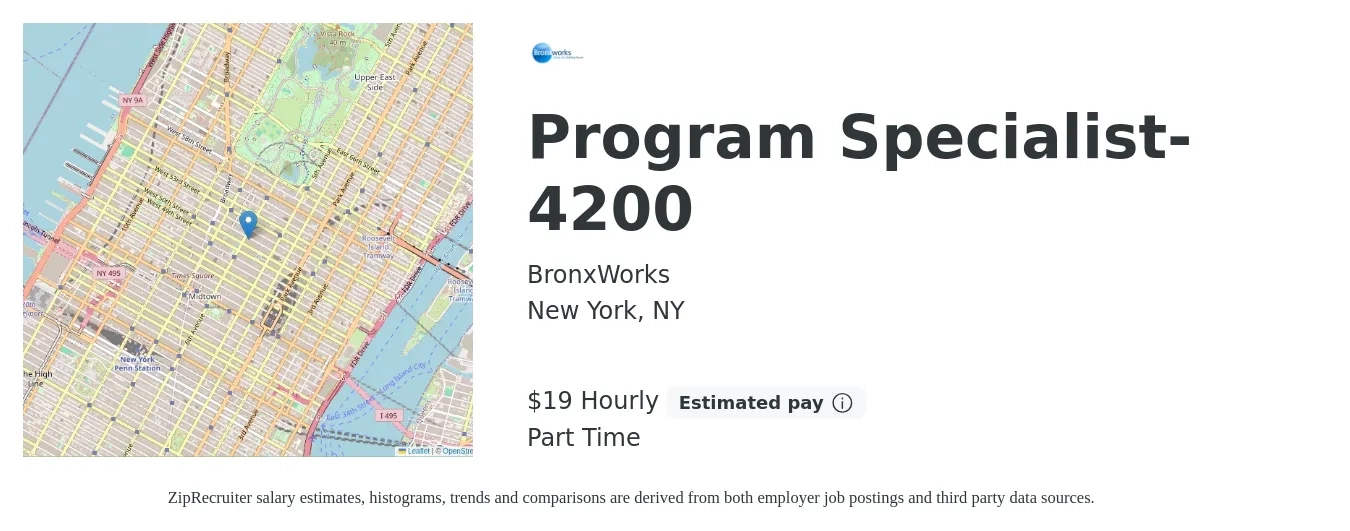 BronxWorks job posting for a Program Specialist- 4200 in New York, NY with a salary of $20 Hourly with a map of New York location.