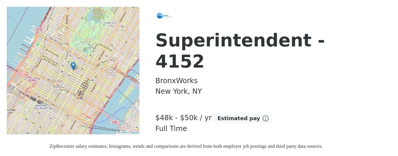 BronxWorks job posting for a Superintendent - 4152 in New York, NY with a salary of $48,000 to $50,000 Yearly with a map of New York location.