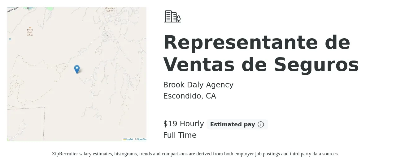 Brook Daly Agency job posting for a Representante de Ventas de Seguros in Escondido, CA with a salary of $20 Hourly with a map of Escondido location.