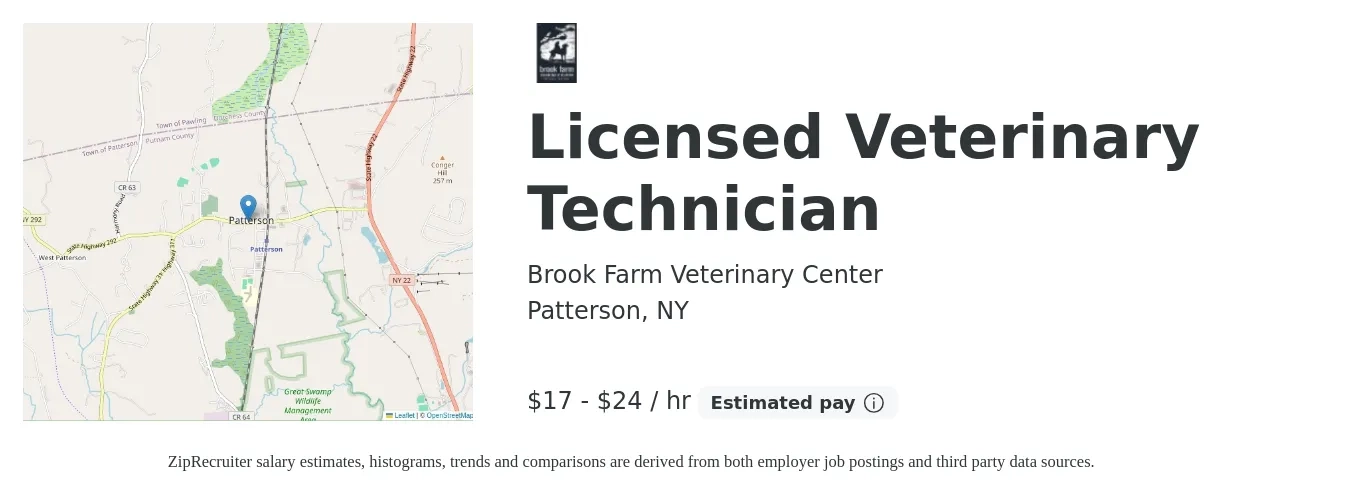 Brook Farm Veterinary Center job posting for a Licensed Veterinary Technician in Patterson, NY with a salary of $18 to $25 Hourly with a map of Patterson location.