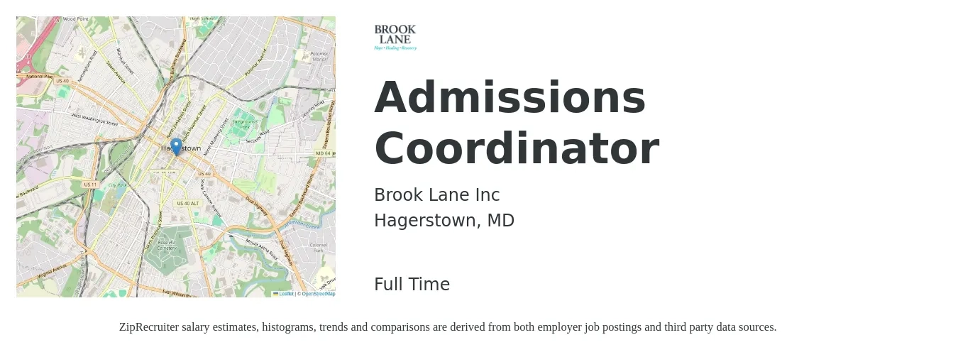 Brook Lane Inc job posting for a Admissions Coordinator in Hagerstown, MD with a salary of $19 to $26 Hourly with a map of Hagerstown location.