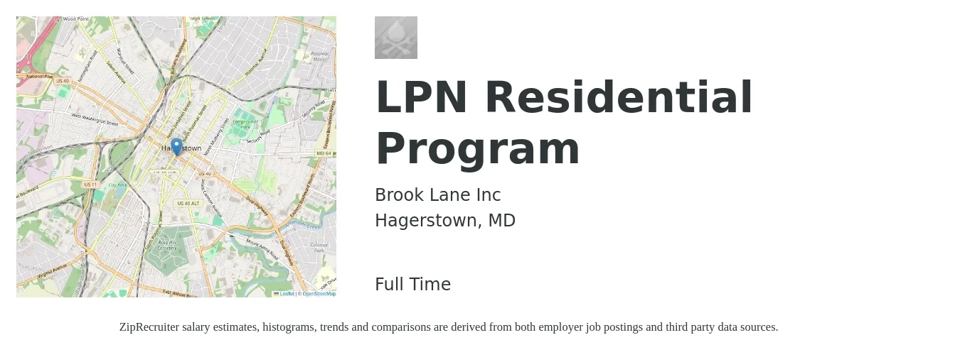 Brook Lane Inc job posting for a LPN Residential Program in Hagerstown, MD with a salary of $26 to $35 Hourly with a map of Hagerstown location.