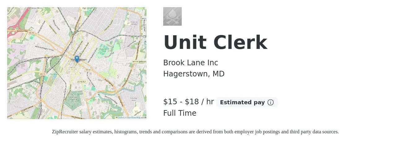 Brook Lane Inc job posting for a Unit Clerk in Hagerstown, MD with a salary of $16 to $19 Hourly with a map of Hagerstown location.