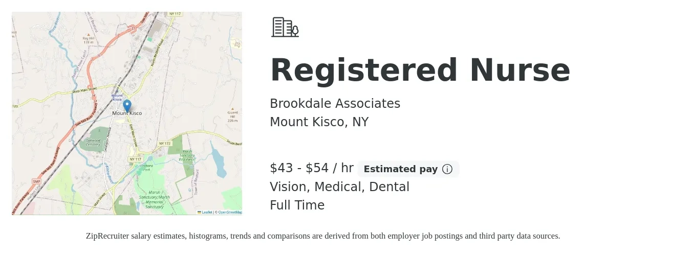 Brookdale Associates job posting for a Registered Nurse in Mount Kisco, NY with a salary of $45 to $57 Hourly and benefits including vision, dental, and medical with a map of Mount Kisco location.