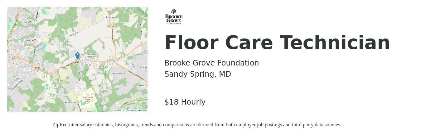 Brooke Grove Foundation job posting for a Floor Care Technician in Sandy Spring, MD with a salary of $19 Hourly with a map of Sandy Spring location.