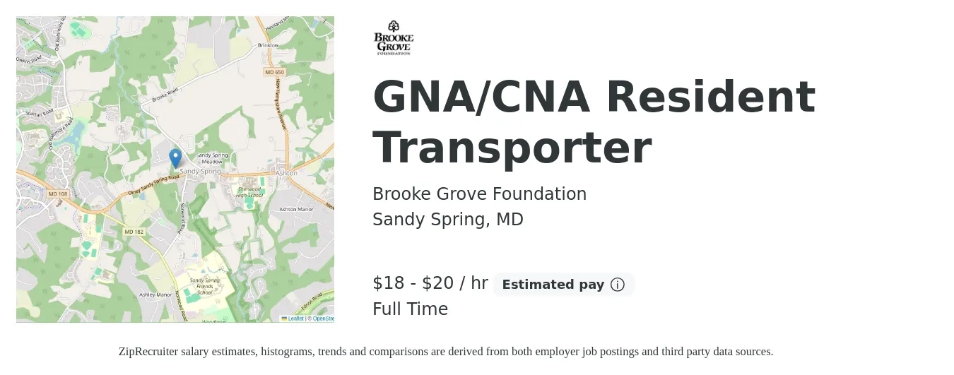 Brooke Grove Foundation job posting for a GNA/CNA Resident Transporter in Sandy Spring, MD with a salary of $19 to $21 Hourly with a map of Sandy Spring location.