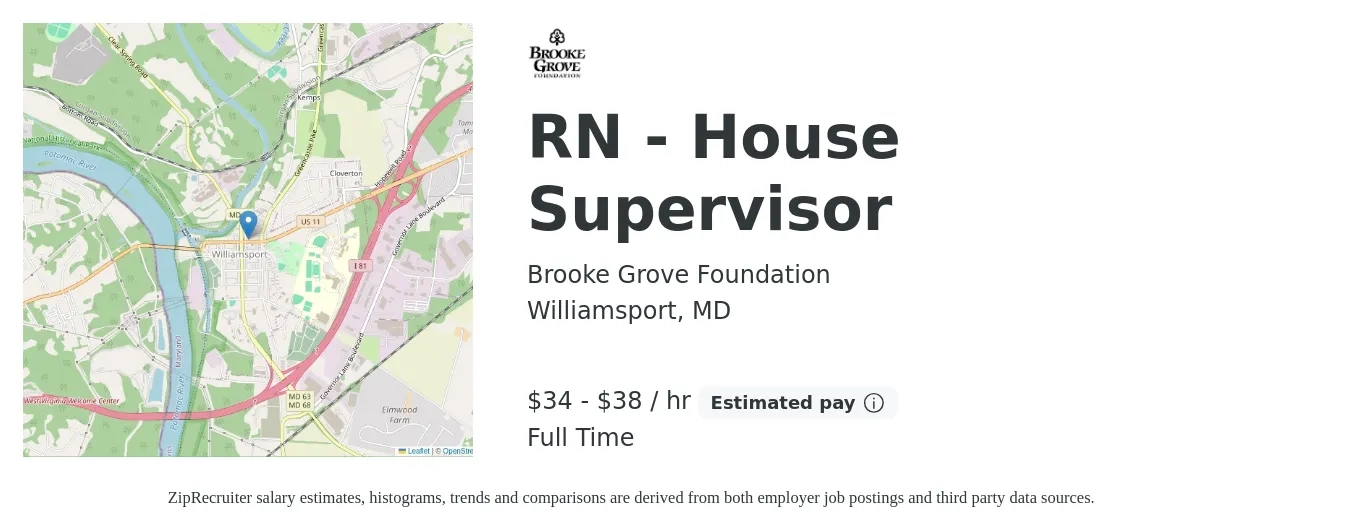 Brooke Grove Foundation job posting for a RN House Supervisor in Williamsport, MD with a salary of $36 to $40 Hourly with a map of Williamsport location.