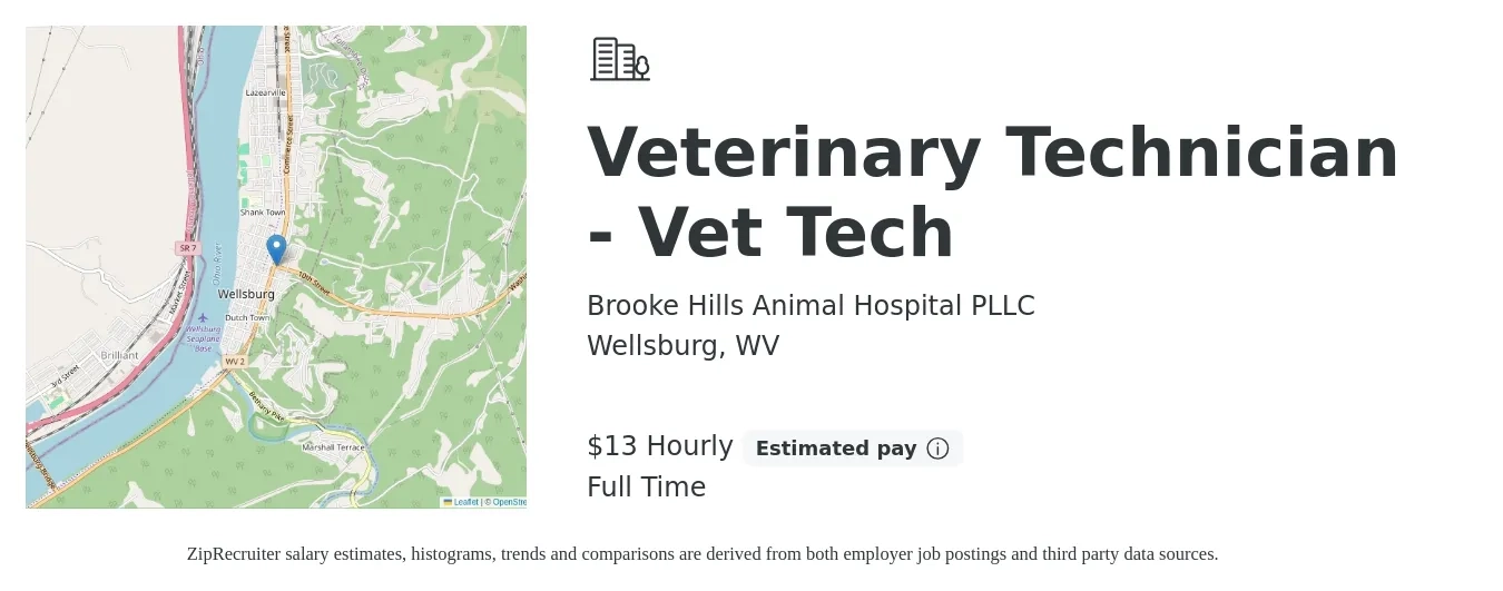 Brooke Hills Animal Hospital PLLC job posting for a Veterinary Technician - Vet Tech in Wellsburg, WV with a salary of $14 Hourly with a map of Wellsburg location.