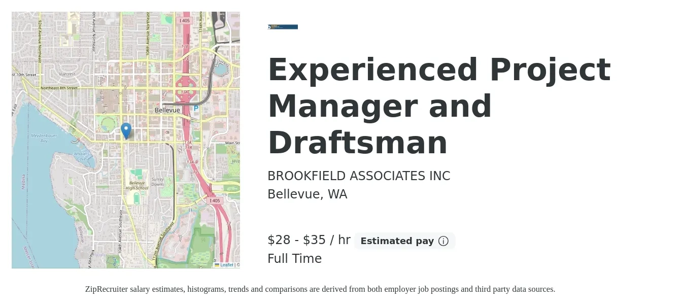BROOKFIELD ASSOCIATES INC job posting for a Experienced Project Manager and Draftsman in Bellevue, WA with a salary of $30 to $37 Hourly with a map of Bellevue location.