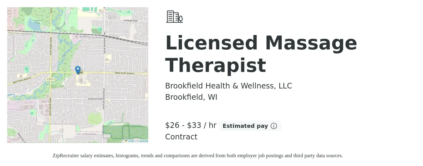 Brookfield Health & Wellness, LLC job posting for a Licensed Massage Therapist in Brookfield, WI with a salary of $25 to $35 Hourly with a map of Brookfield location.