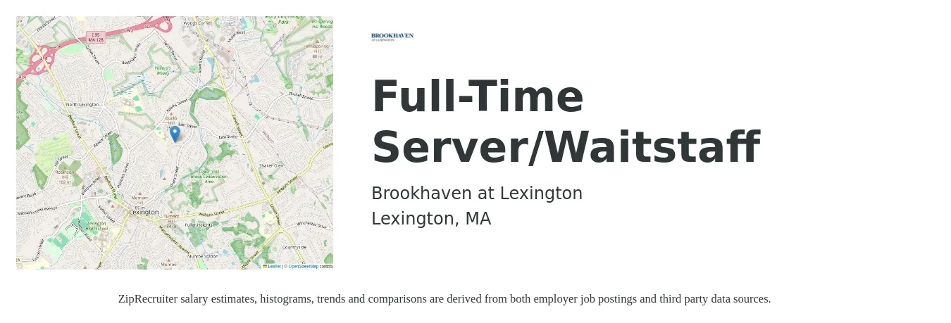 Brookhaven at Lexington job posting for a Full-Time Server/Waitstaff in Lexington, MA with a salary of $12 to $20 Hourly with a map of Lexington location.