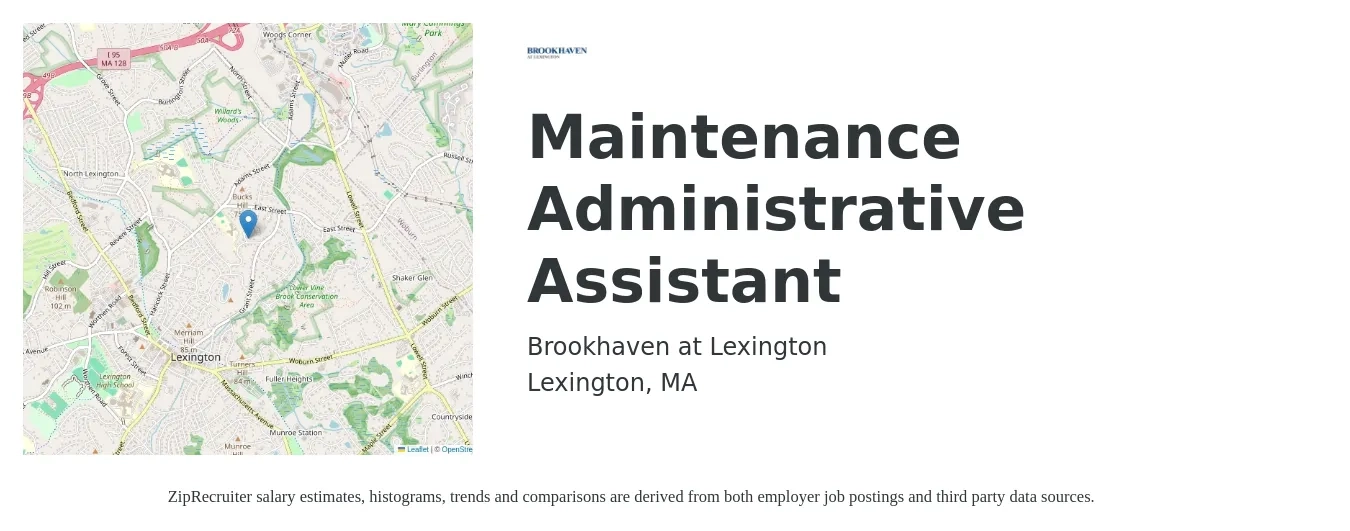 Brookhaven at Lexington job posting for a Maintenance Administrative Assistant in Lexington, MA with a salary of $20 to $27 Hourly with a map of Lexington location.