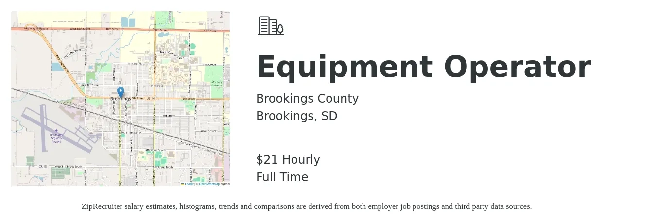 Brookings County job posting for a Equipment Operator in Brookings, SD with a salary of $22 Hourly with a map of Brookings location.