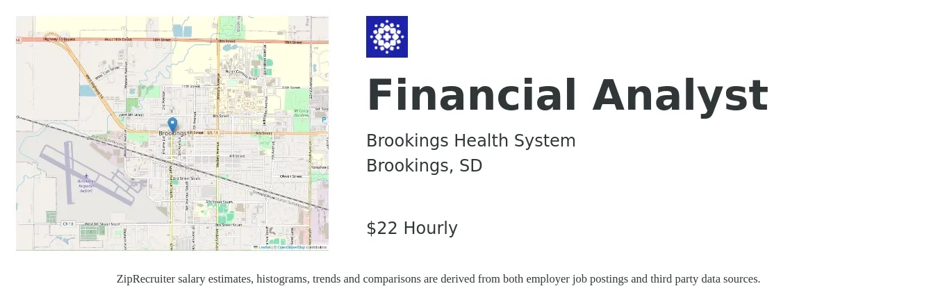 Brookings Health System job posting for a Financial Analyst in Brookings, SD with a salary of $24 to $35 Hourly with a map of Brookings location.
