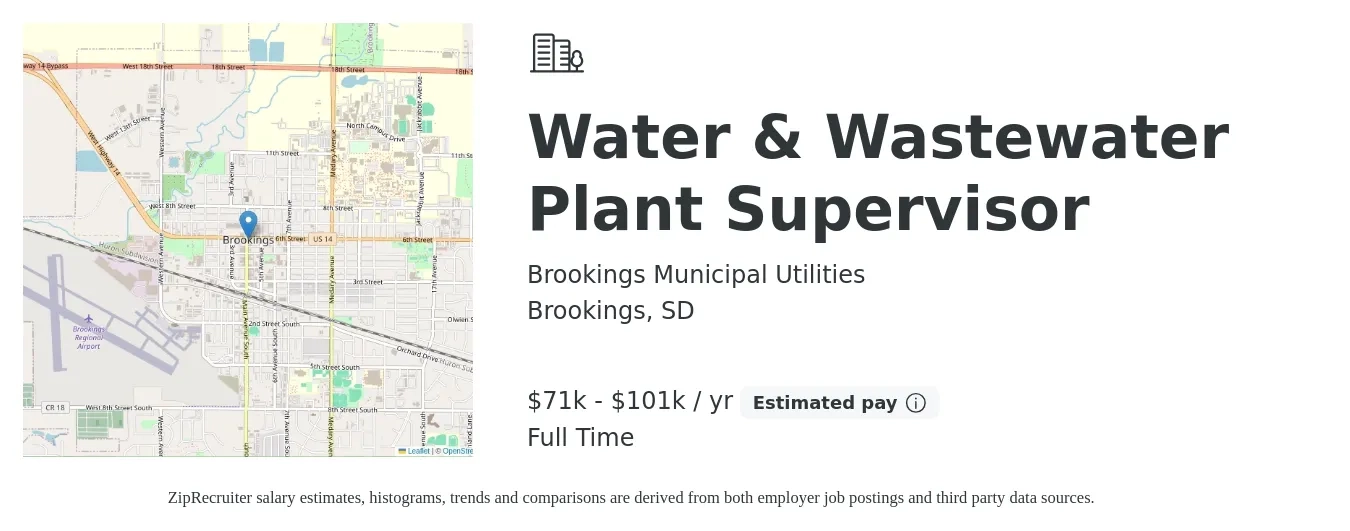 Brookings Municipal Utilities job posting for a Water & Wastewater Plant Supervisor in Brookings, SD with a salary of $71,398 to $101,864 Yearly with a map of Brookings location.