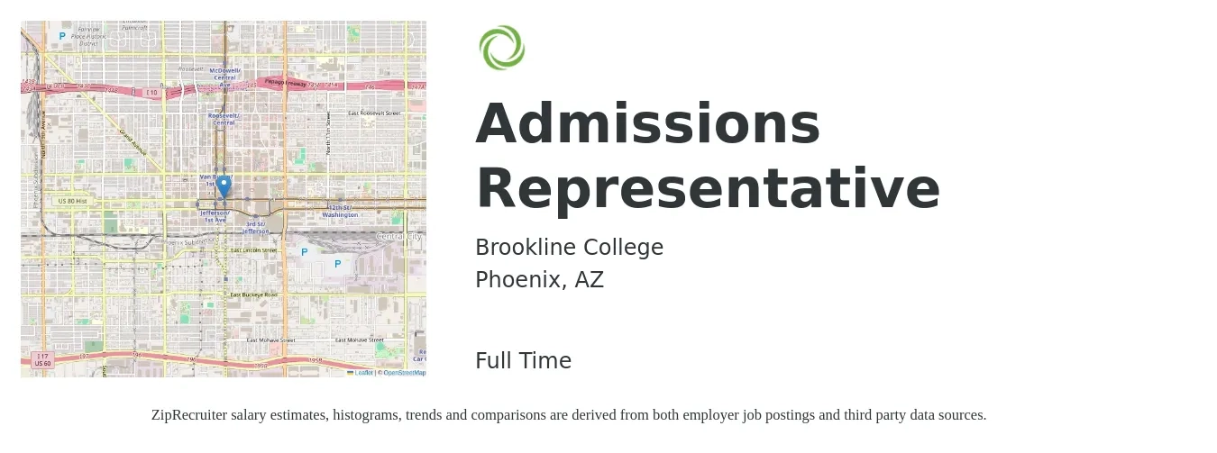 Brookline College job posting for a Admissions Representative in Phoenix, AZ with a salary of $20 to $25 Hourly with a map of Phoenix location.
