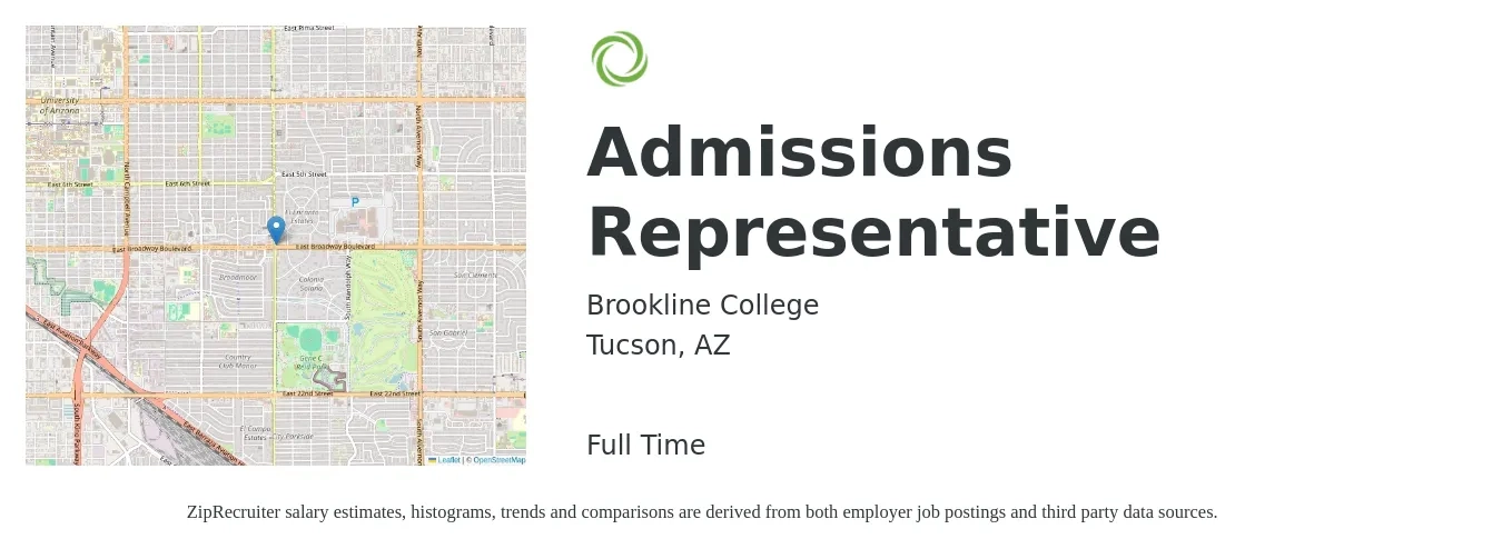 Brookline College job posting for a Admissions Representative in Tucson, AZ with a salary of $19 to $24 Hourly with a map of Tucson location.
