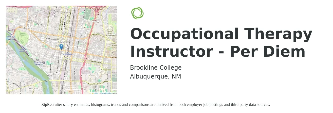 Brookline College job posting for a Occupational Therapy Instructor - Per Diem in Albuquerque, NM with a salary of $85,300 to $119,700 Yearly with a map of Albuquerque location.
