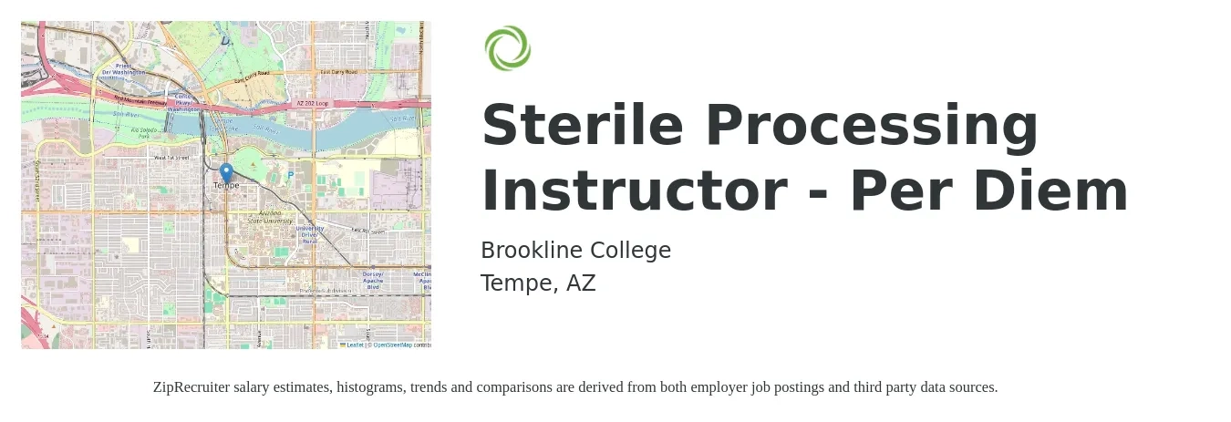 Brookline College job posting for a Sterile Processing Instructor - Per Diem in Tempe, AZ with a salary of $20 to $26 Hourly with a map of Tempe location.