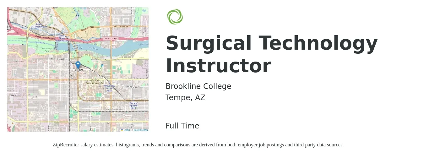 Brookline College job posting for a Surgical Technology Instructor in Tempe, AZ with a salary of $31 to $38 Hourly with a map of Tempe location.