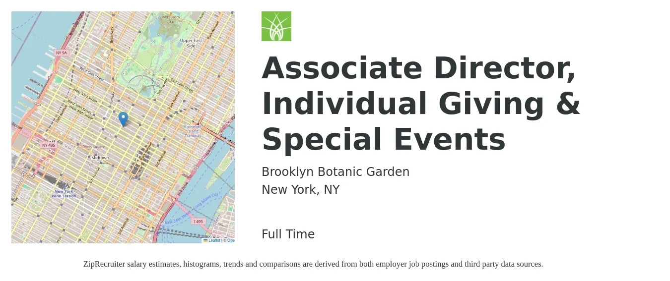 Brooklyn Botanic Garden job posting for a Associate Director, Individual Giving & Special Events in New York, NY with a salary of $74,500 to $103,300 Yearly with a map of New York location.