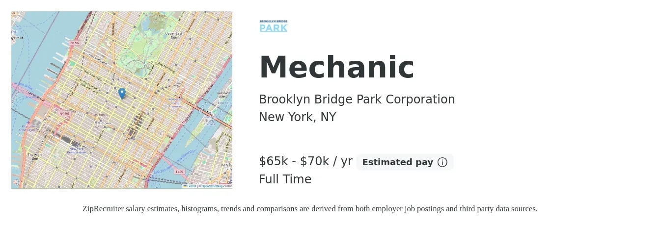 Brooklyn Bridge Park Corporation job posting for a Mechanic in New York, NY with a salary of $65,000 to $70,000 Yearly with a map of New York location.