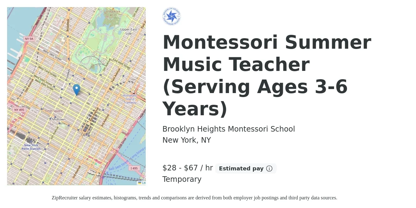 Brooklyn Heights Montessori School job posting for a Montessori Summer Music Teacher (Serving Ages 3-6 Years) in New York, NY with a salary of $30 Hourly with a map of New York location.