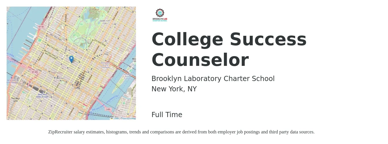 Brooklyn Laboratory Charter School job posting for a College Success Counselor in New York, NY with a salary of $67,000 to $80,000 Yearly with a map of New York location.