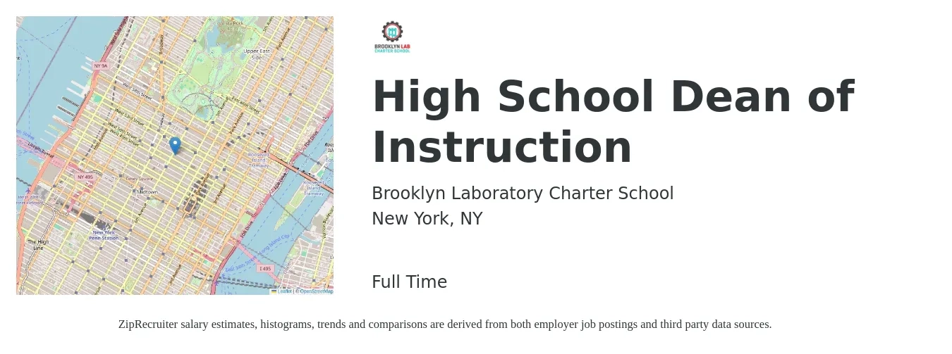 Brooklyn Laboratory Charter School job posting for a High School Dean of Instruction in New York, NY with a salary of $85,000 to $93,000 Yearly with a map of New York location.