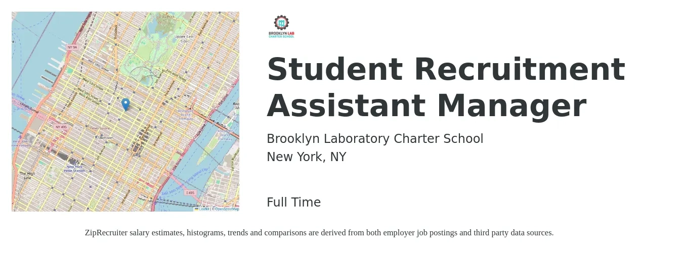 Brooklyn Laboratory Charter School job posting for a Student Recruitment Assistant Manager in New York, NY with a salary of $100,000 Yearly with a map of New York location.