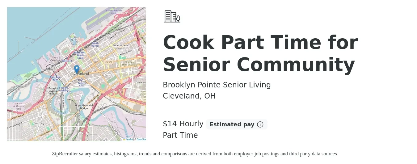 Brooklyn Pointe Senior Living job posting for a Cook Part Time for Senior Community in Cleveland, OH with a salary of $15 Hourly with a map of Cleveland location.