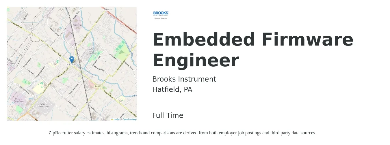 Brooks Instrument job posting for a Embedded Firmware Engineer in Hatfield, PA with a salary of $104,000 to $142,400 Yearly with a map of Hatfield location.