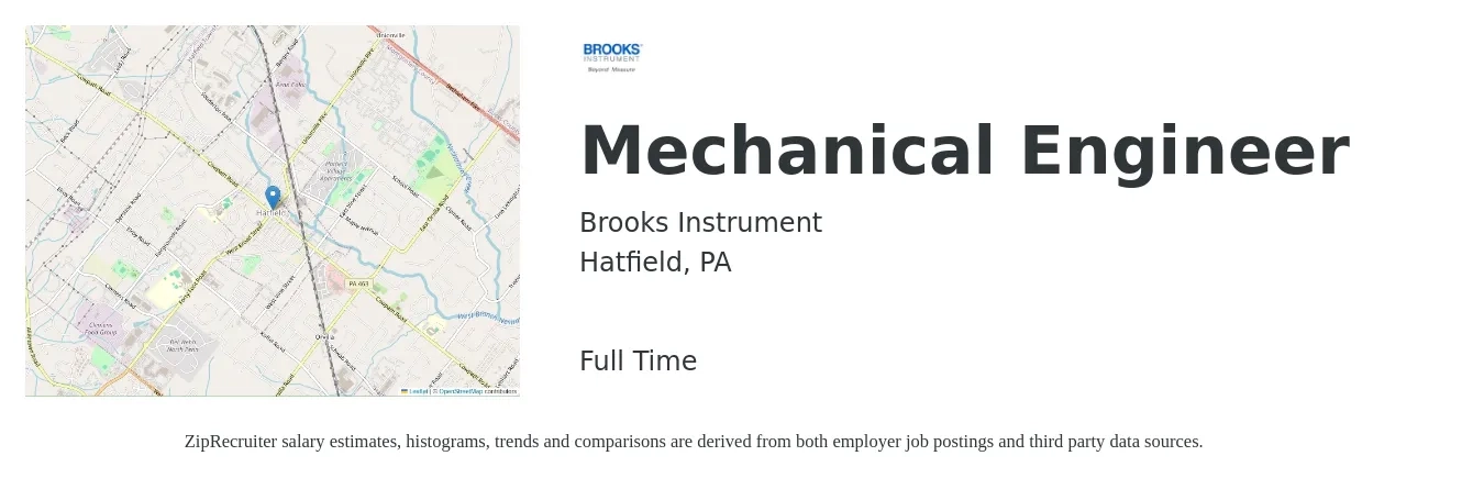 Brooks Instrument job posting for a Mechanical Engineer in Hatfield, PA with a salary of $82,300 to $127,800 Yearly with a map of Hatfield location.