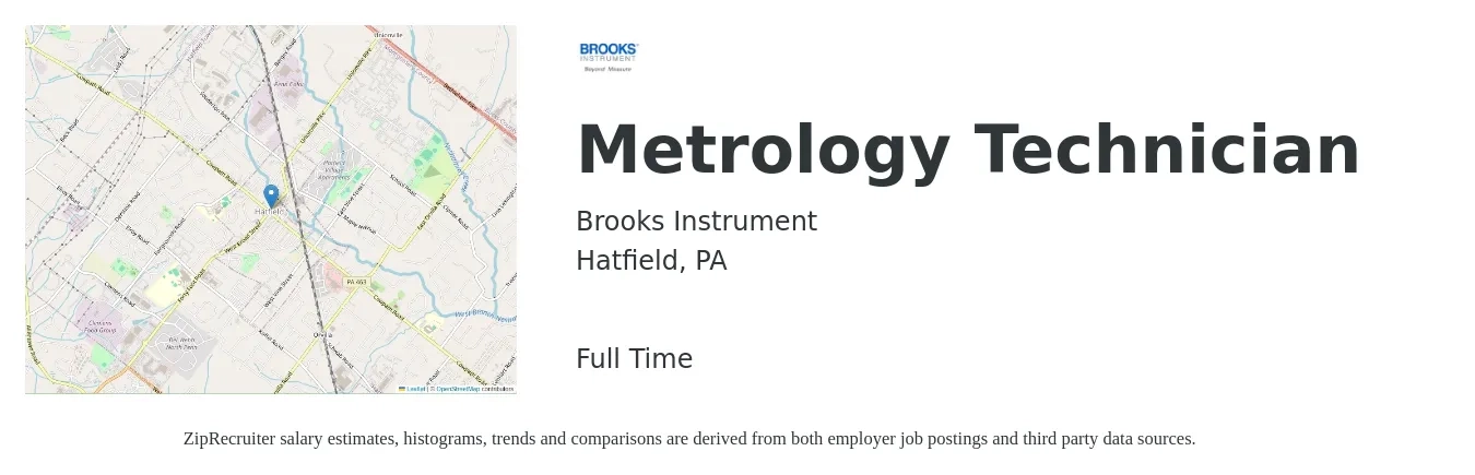 Brooks Instrument job posting for a Metrology Technician in Hatfield, PA with a salary of $49,500 to $69,700 Yearly with a map of Hatfield location.