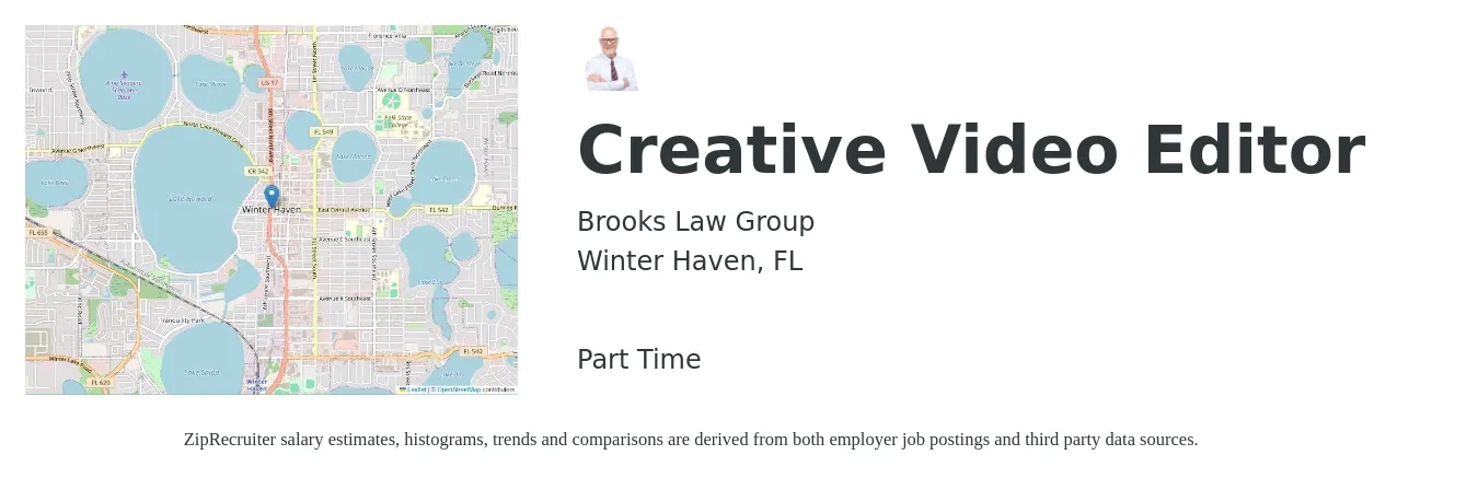Brooks Law Group job posting for a Creative Video Editor in Winter Haven, FL with a salary of $20 to $36 Hourly with a map of Winter Haven location.
